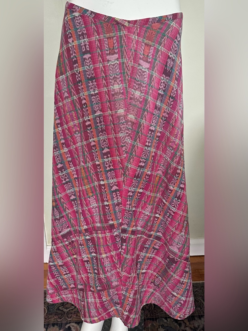 35” Vtg Artisanal Handmade Guatemalan Long A-Line Pink Cotton Maxi Skirt M/L
